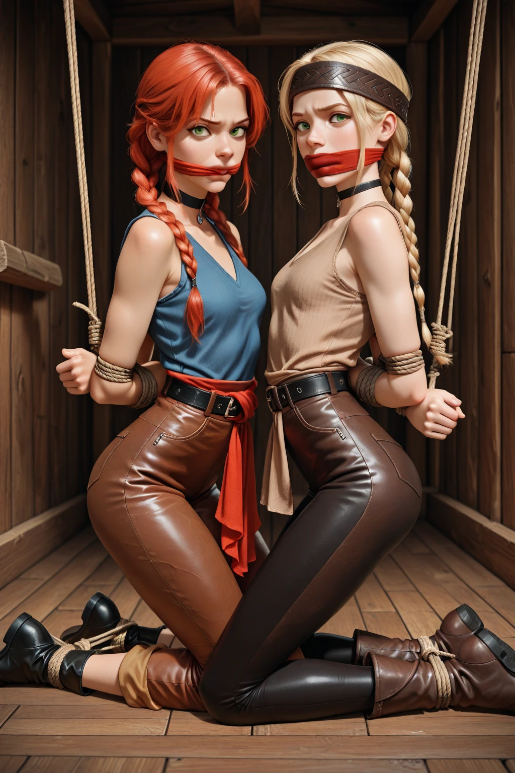 ((Full body photo, standing, feet on the floor)) score_9, score_8_up, score_7_up, score_6_up, 2girls, elsa (blonde hair, dominatrix, gladiator sandals, bra, lying on all fours: 1.2) and Ariel (dominatrix, lying on four on top of Elsa, with a whip in her hand, red hair, gladiator sandals, panties: 1,3), poorly lit dungeon, ((tied, tied, hands tied in front, feet tied, breasts tied, mouth with gag, connected to rings on the wall:1,4)), rope, red faces, (cinematic lighting:1,4).