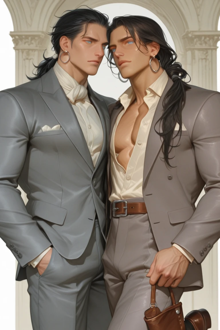"character description: mischievous and carefree half-demon and half-shapeshifter with short black and purple hair, grey eyes, and a well-groomed beard, he is well built and muscular however he is on the slender side"