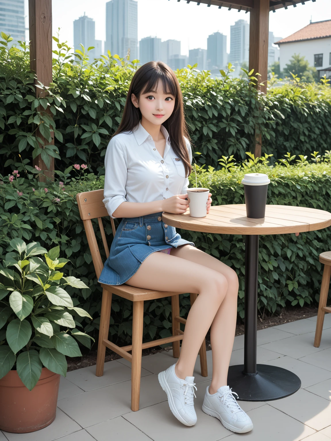 Wear a super mini skirt、A 20-year-old female college student is having tea on the terrace of a cafe..