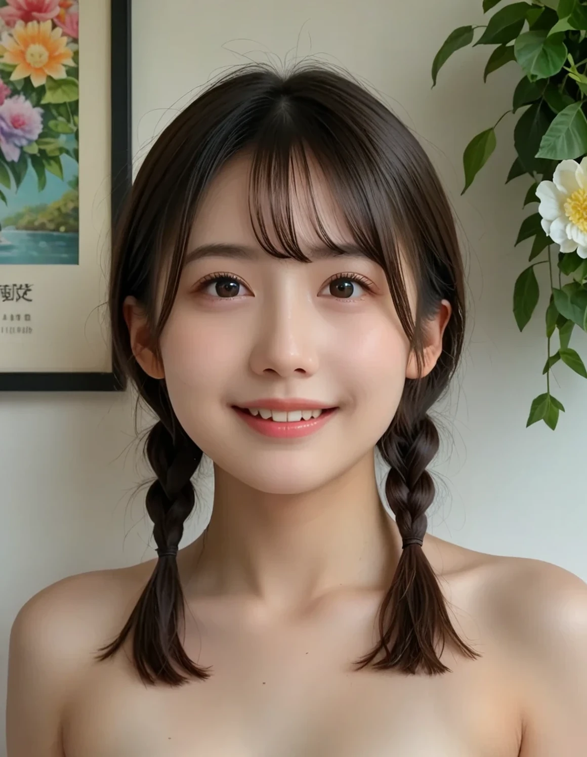 highest quality, Realistic, 8K, High resolution, 1 Girl, woman, (Skin dents), (Portraiture:0.6), nice, ((White Background, Completely naked, Small breasts:1.65)), (Brown hair in braids, Parted bangs:1.4), Watching the audience, (1 Girl eyes Watching the audience:1.6), Realistic, (Bokeh), (Closed Mouth, smile:1.3), nice, Purelos Face_V1:1,
