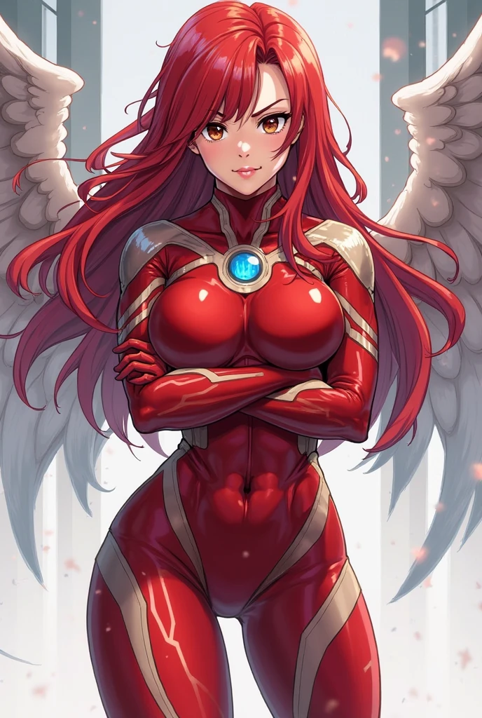 Erotic　Tall busty mature married woman in white sequins rubber suit red black background heart bedroom dark theme evil fall temptation excitement condescending smile sexy pose upper body emphasis angle from below angel wings angel