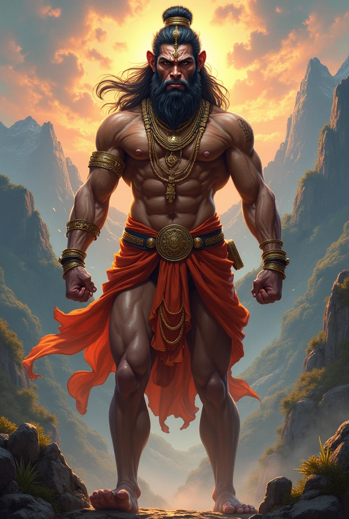 Lord hanuman long figure standing tall , background and crowd sitthing with folded hands mystic atmospheric,  hyper realistic,  art hindu mythology,  cloudy ,golden light , radiant light clamness on face