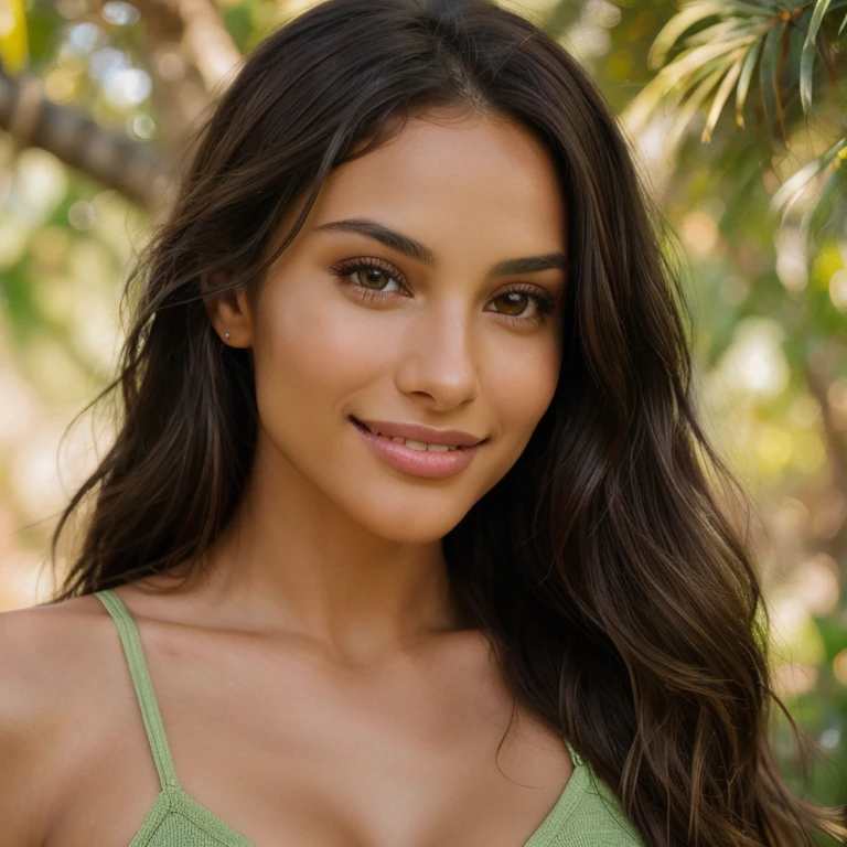 Photorealistic portrait of a young, dark-skinned, 22-year-old Dominican woman with long straight red hair and striking bright green eyes. Frontal look, thin nose, wide forehead, oval face. Low-cut dress with visible breasts, dark-skinned shoulders. It should have a natural, approachable expression and be illuminated by soft golden hour sunlight. The background should be a sunlit scene. Capture this image with high resolution photography using an 85mm lens for a flattering perspective.

