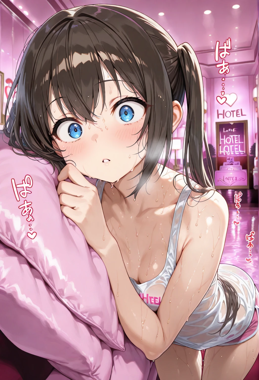 (super flat, flat shading, flat color:1.1)、(magazine cover)、An illustration、(One Asian boyish girl)、(cute:1.2)、Very beautiful 14 year old girl manga、nice smile、cheeks are red、(high detail skin: 1.2)、Photorealistic anime girl rendering、Realistic anime 3D style、cuteボブカット、beautiful brown hair、intense black eyes、strong eye highlights、(be familiar with、Medium chest)、perfect anatomy、hair is dirty、(sweaty)、Pale pink underwear、(wet with water)、thighs are open、head tilt、sit on the bed、((from behind、hind leg、heart cutout、hip incision))、volume lighting、soft light、bright、neon、bright色、watercolor painting、Vinyl underwear