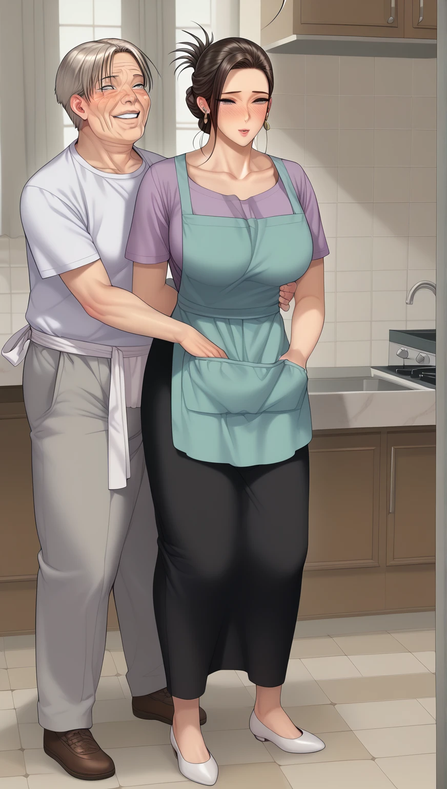 score_9, score_8_up, score_7_up, source_アニメ, 1boy standing dominate, 1girl kneeling in front the boy, mature female, milf and young man,young man , , smile, looking at viewer, The milf is kneeling, young man is standing ,,seduce the young man,lick the young man, white dress,thong, from behind, (focus on her hips)