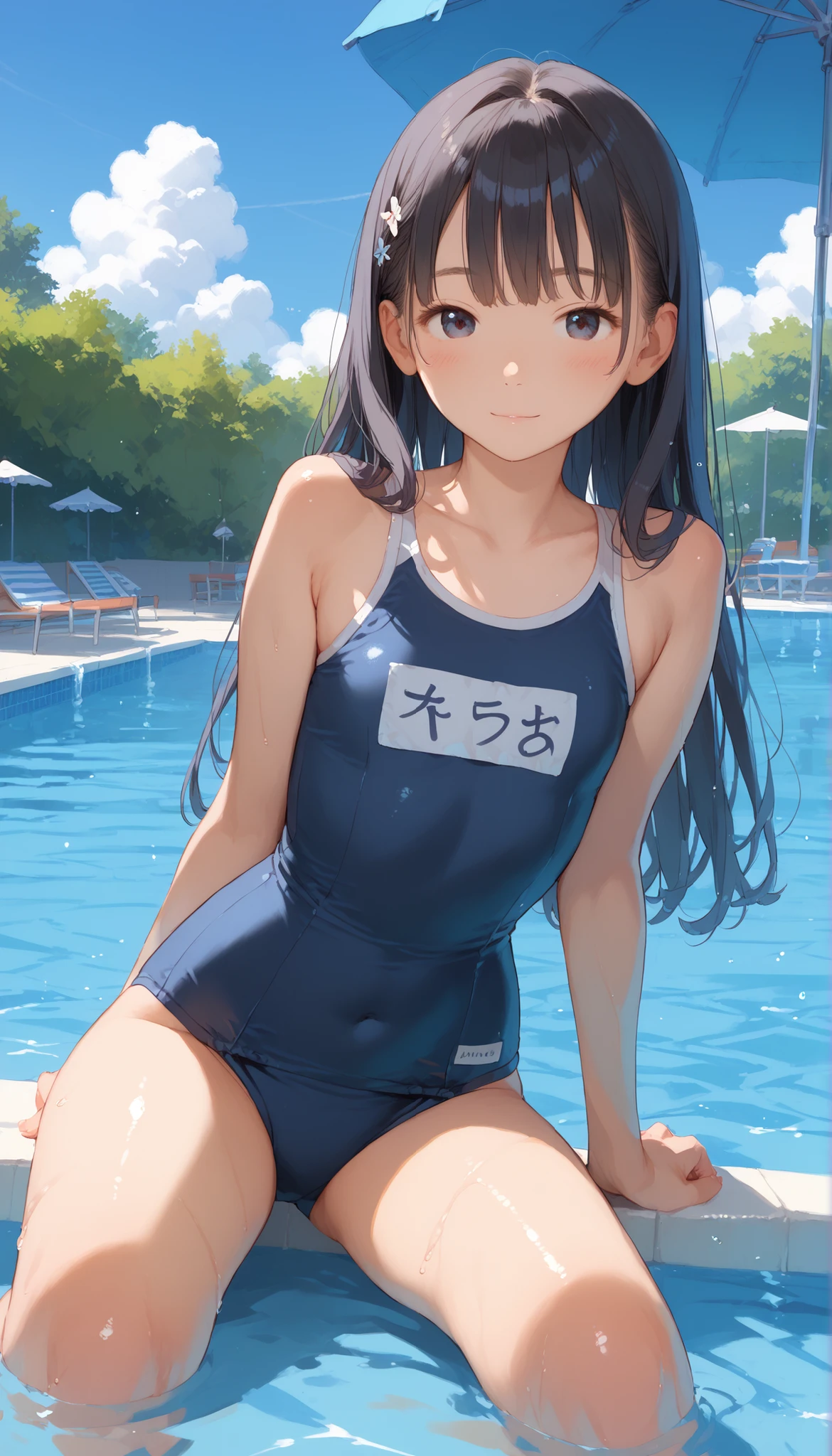 masterpiece, best quality, teen girl,blue eyes,long hair, black hair, pointy ears,horn,shy face,sexy,sensualbig breasts,(standing in a school hallway,cowboy shot,School Swimsuit,(standing in front of a school swimming pool),