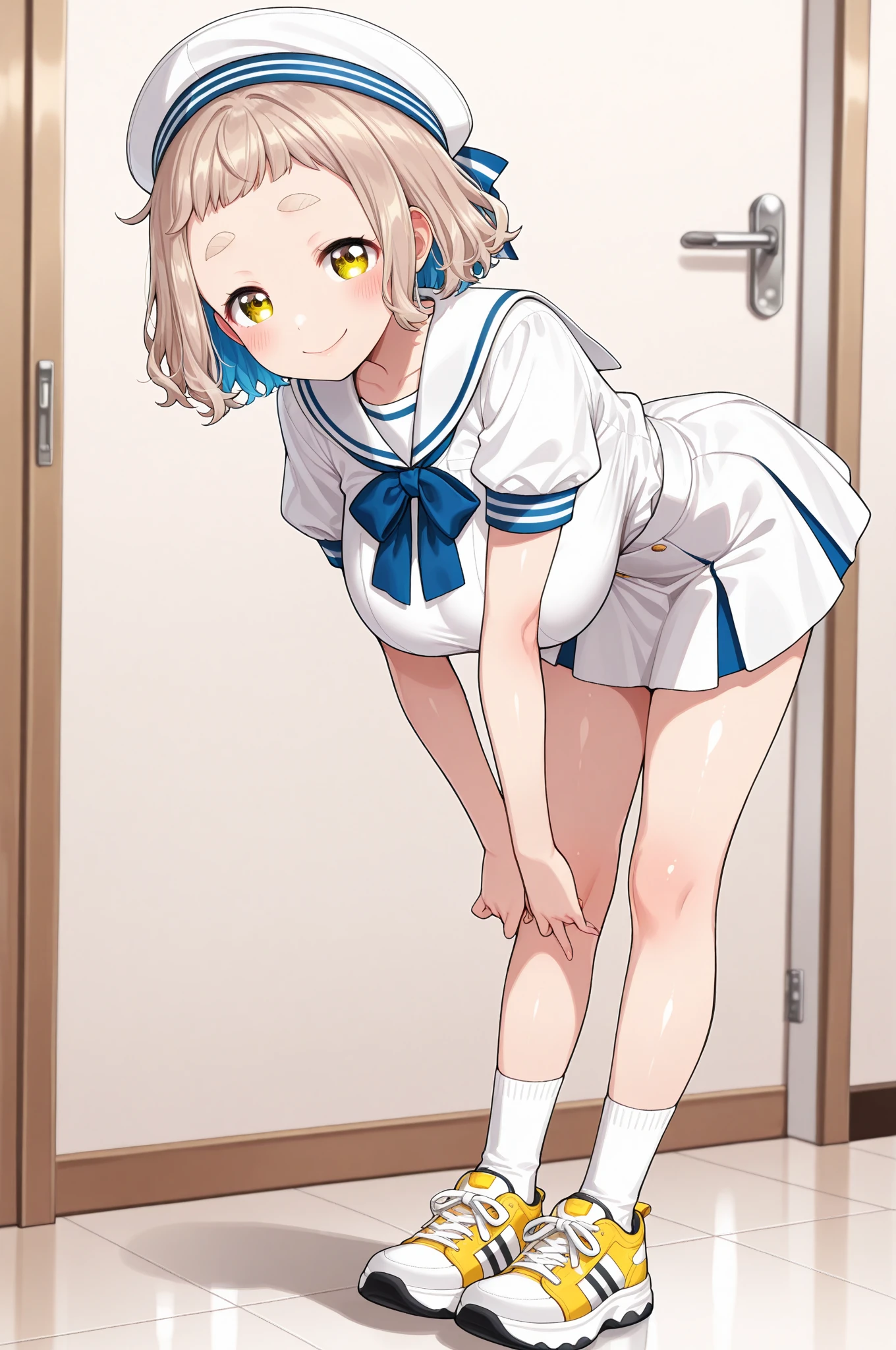 nsfw, girl、Leaning forward、desperation, holding crotch、peeing、School corridor、Classmate