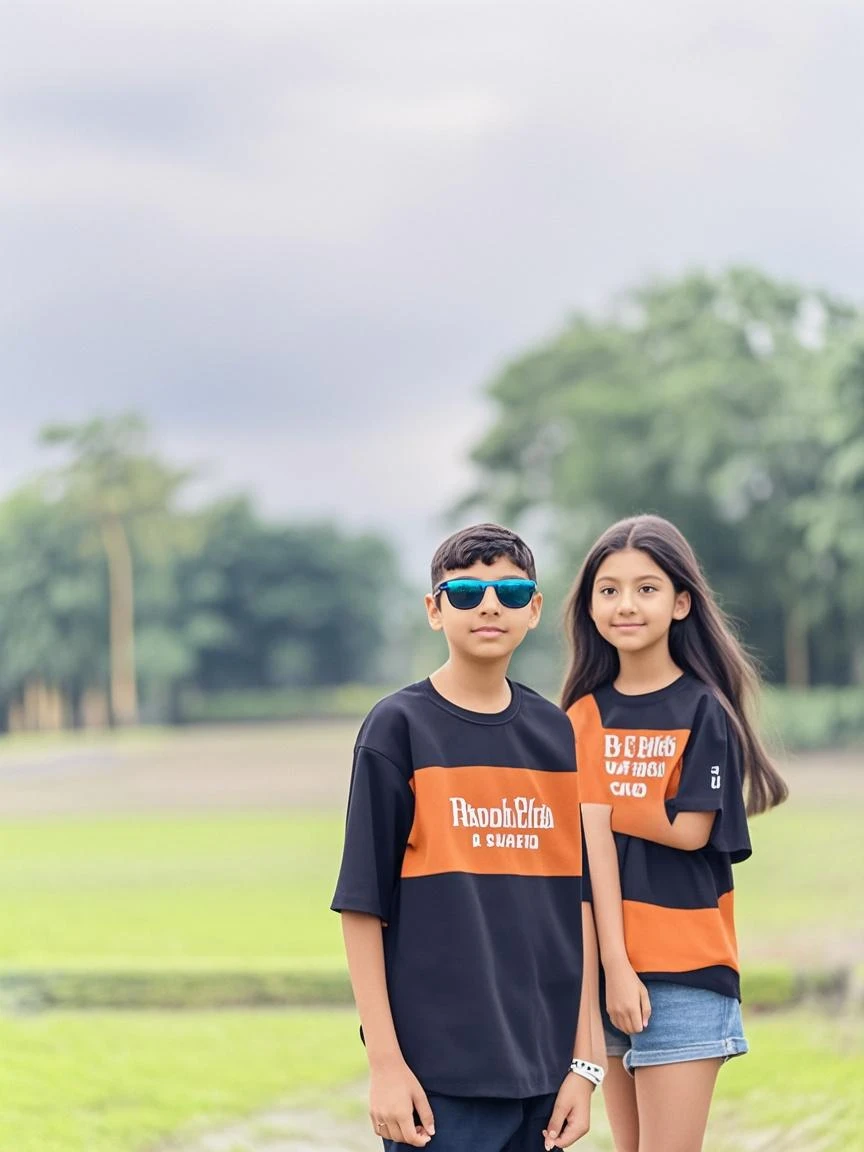 A 16-year-old smart girl and boy get soaked in the pouring rain, the girl and boy are wearing green shirts, black bottom, MINGKAK name written on boy's t-shirt, market background, full HD ultra quality images