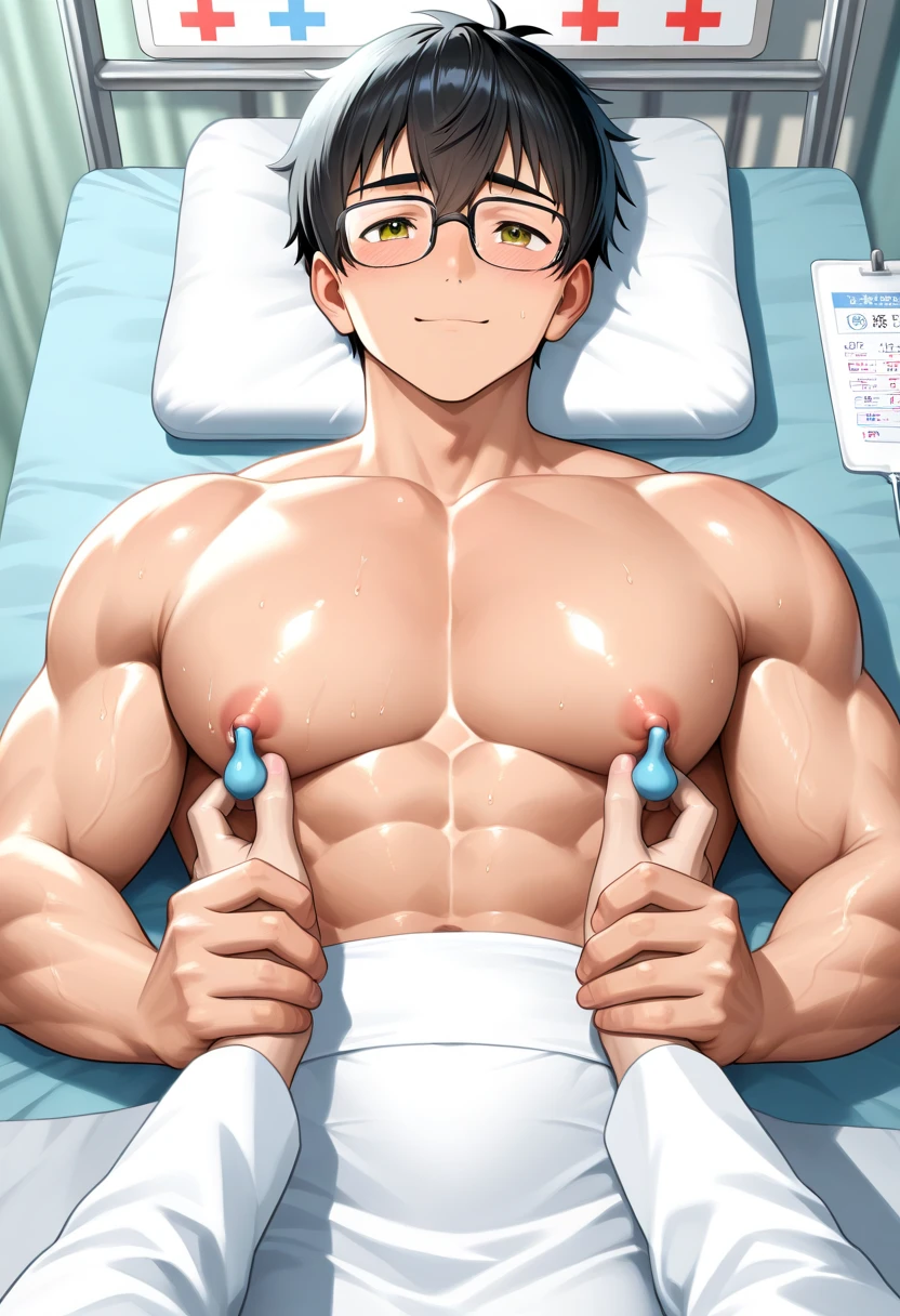 1boy、Handsome Men、Japanese male, 、Completely naked、Full nudity、erection、Huge penis、Highest quality、Realistic、beautiful、Sad look、Being examined at a hospital、A doctor in a white coat with a syringe next to him、Arms above head、Photo Quality
