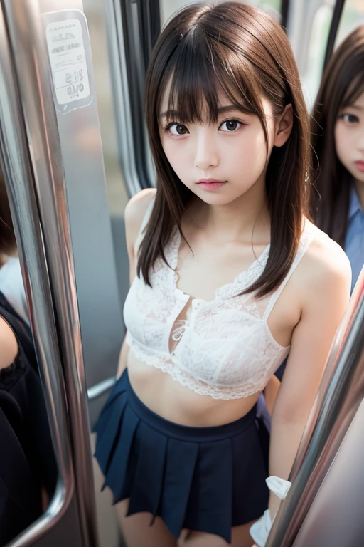 On the train、Japan schoolgirl、full body Esbian、Sitting legs slightly open、White underwear sticking out、(((独奏)))。