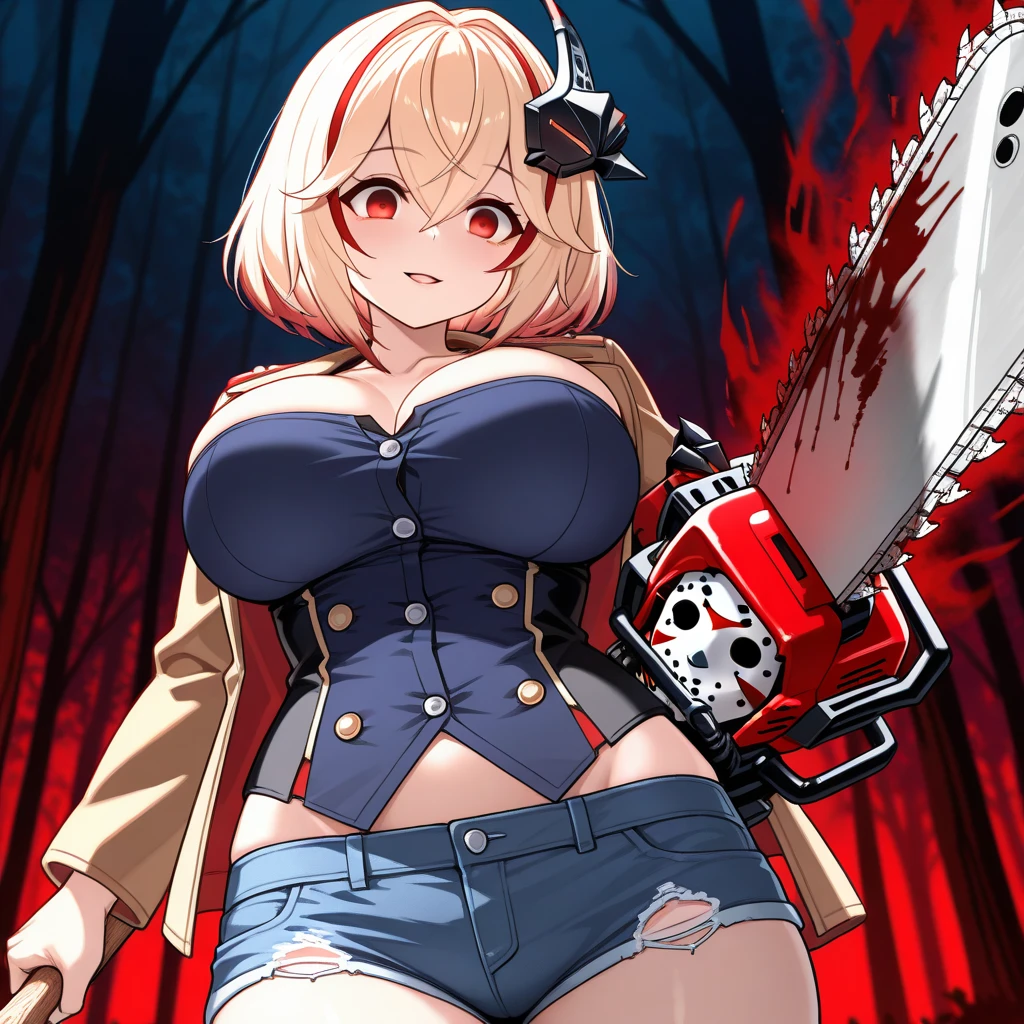 Highly detailed and realistic CG, Colorful, masutepiece, Best Quality, Magnificent,1girl in, Solo, Monster Girl, Frankenstein's Monster, a blond, fluffy hair, (bolt on head:1.2), Standing with your hands in front of you, empty eyes, expressionless, Jitome, half closed eyes, Eye Highlights Off, open mouth, tube top, hot pants, a miniskirt, bare-legged, laboratory, Halloween, bondage, groin, huge breasts, Blackout, Choker, circular saw, heterochromia, (scar on face:1.5), (pale skin:1.5), (blue skin:1.2),