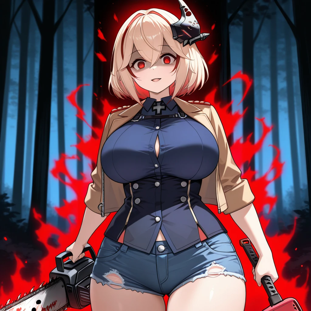 turned into a witch、machine man、pink hair、dark atmosphere、bright、blue eyes、Black Cat Ear Food、Hiding the machine part with a hood、Have a huge chainsaw、camel toe、huge tit、nipple puff、cleavage、Plump、Super big breasts、super big butt