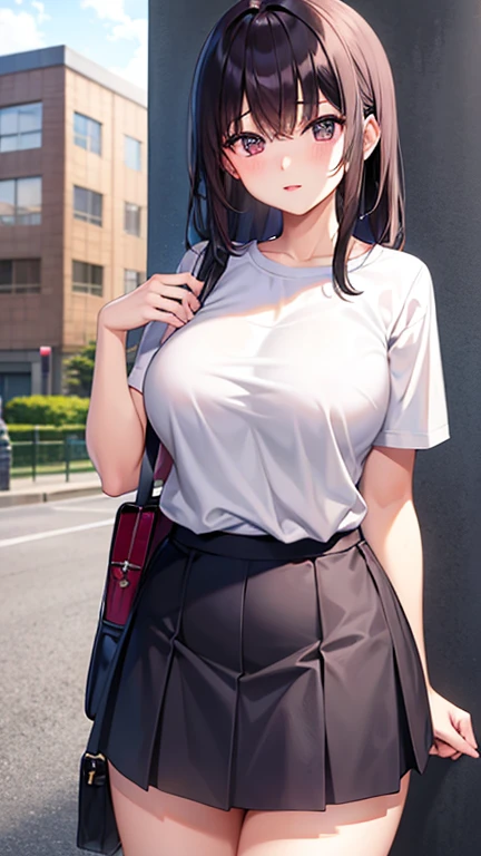 Chizuru, large breasts, thighs, unzipped jacket, tanktop, shoulders, skirt, night