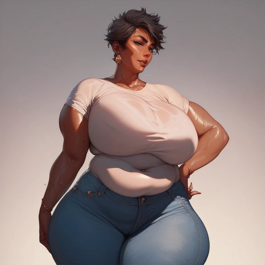 detailed, masterpiece, best quality, 1girl, score_9, score_8_up, score_7_up, narrow waist, huge breasts, wide hips, huge ass, thick thighs, undersized clothes, dark skin, thick lips, afro, 1boy, huge cock, sex, penetration, cowgirl position, pov, bouncing breasts, muscular female