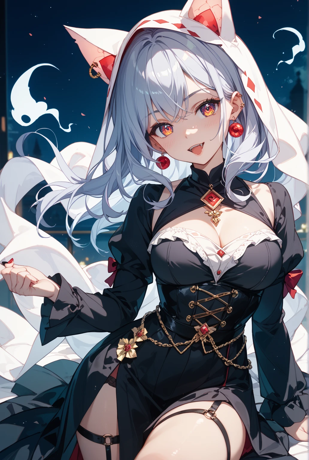 masterpiece, detailed, high quality, absurdres, ninakosaka, 1girl, solo, cleavage, hair flower, hair ornament, black gloves, smile, jewelry, juliet sleeves, closed mouth, black dress, gem, lips, black choker, cowboy shot,