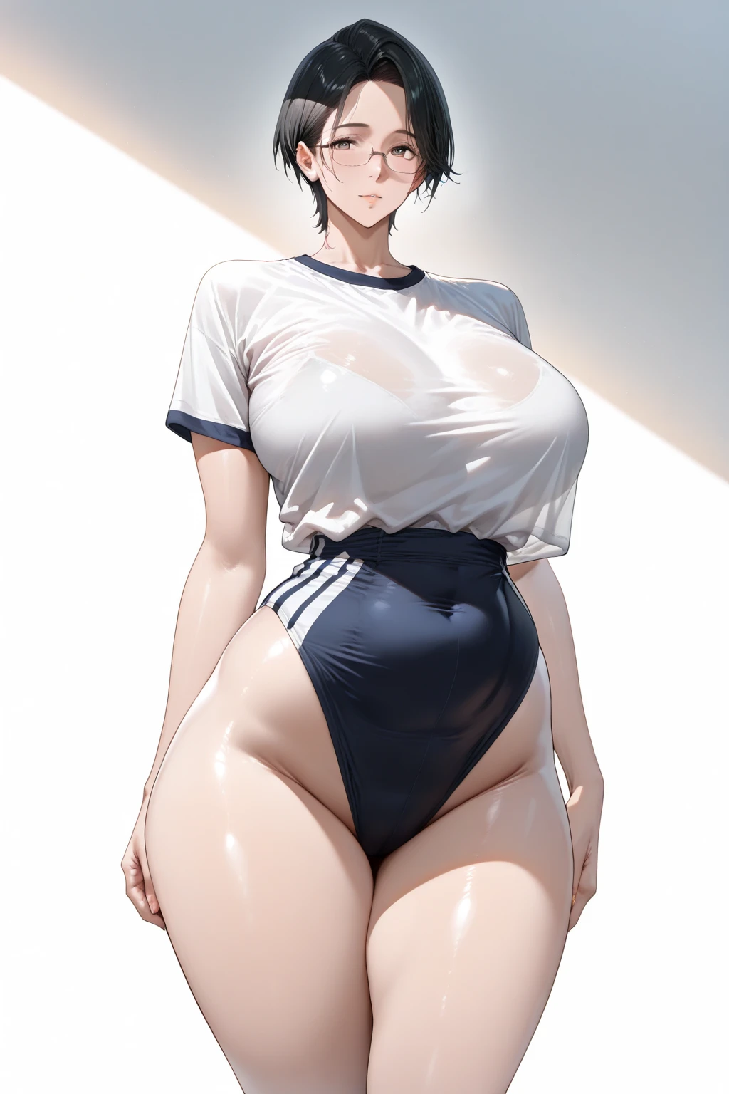 (masterpiece, best quality:1.2), realistic, High contrast, behind shot, 1girl, kawaii, (super big breasts, micro waist, very long legs:1.3), Black hair, short bob hair, short height, scrawny and thin body, Light Skin, cute big eyes, cute beautiful thin face, school gym buruma, pigeon-toed, wet and sweaty, visible ribs, V sign, Trembling