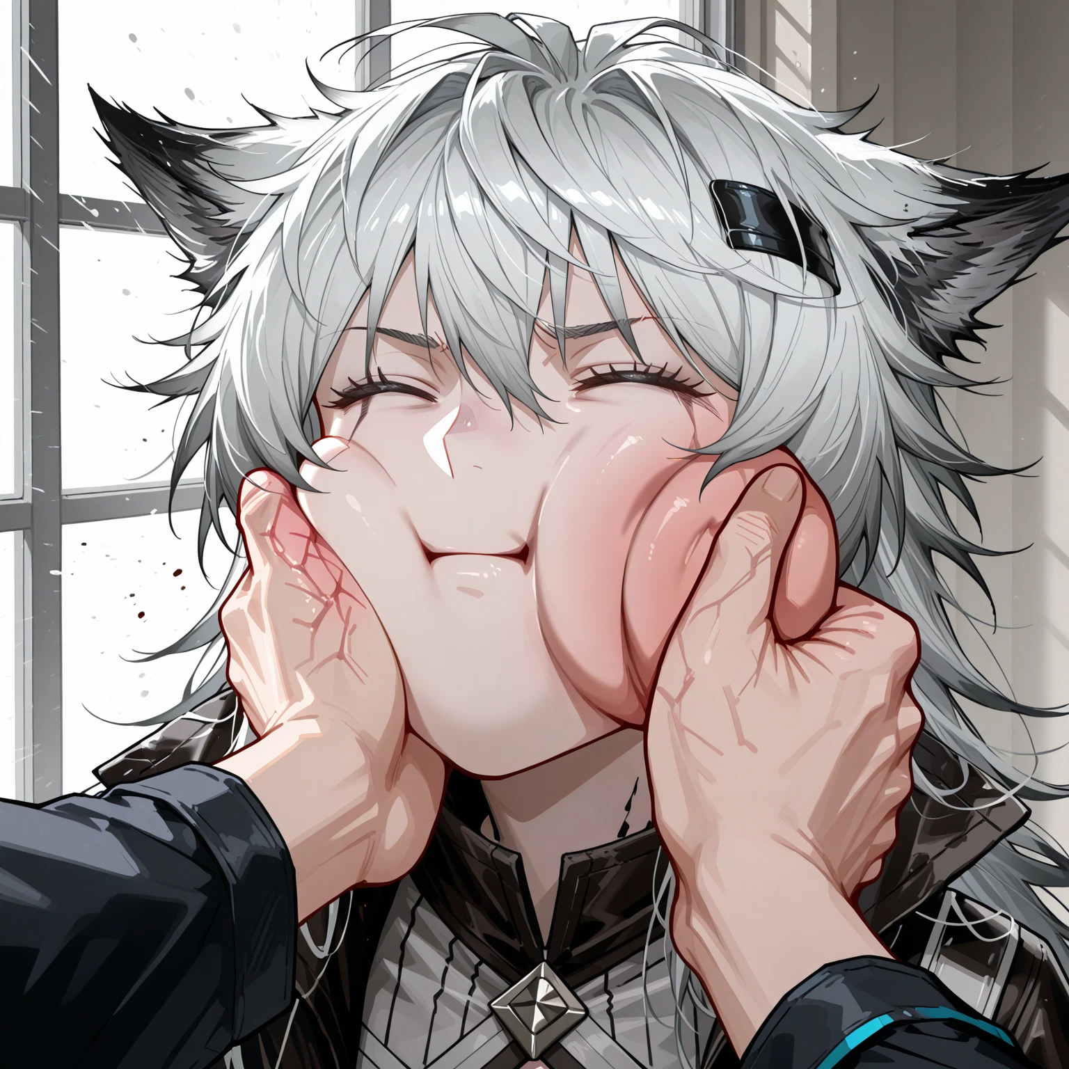 masterpiece, best quality, evangelion kaworu nagisa, kaworu nagisa, boys, nsfw, red eyes, seductive, hot, seductive face, bukkake, cum dumpster, face covered in cum, cum eating, drinking cum, holding a big bowl of cum, surrounded by black men dicks, black men dicks