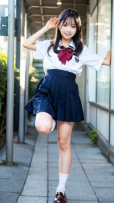 (The FW), 1womanl, Solo, age19, (cute face), (Ideal ratio body proportions), ((a sailor suit)), ((Costumes must be worn)), Skirt lifted by the wind, You can see the whole panties, panties focus, Long escalator, (Super close-up of buttocks), ((Point your butt at the camera)), stick out buttocks, Emphasize ass, Smiling smile, short-hair, Dark hair, huge tit, A slender, Big buttocks, Skinny Legs, zettai ryouiki, thighs thighs thighs thighs, knee high, Pleated miniskirt, surrealism, Cinematic lighting, depth of fields, One-person viewpoint, F/1.8, 135 mm, N FSW, masutepiece, ccurate, Anatomically correct, Textured skin, Super Detail, high details, High quality, awardwinning, Best Quality, hight resolution, 8K