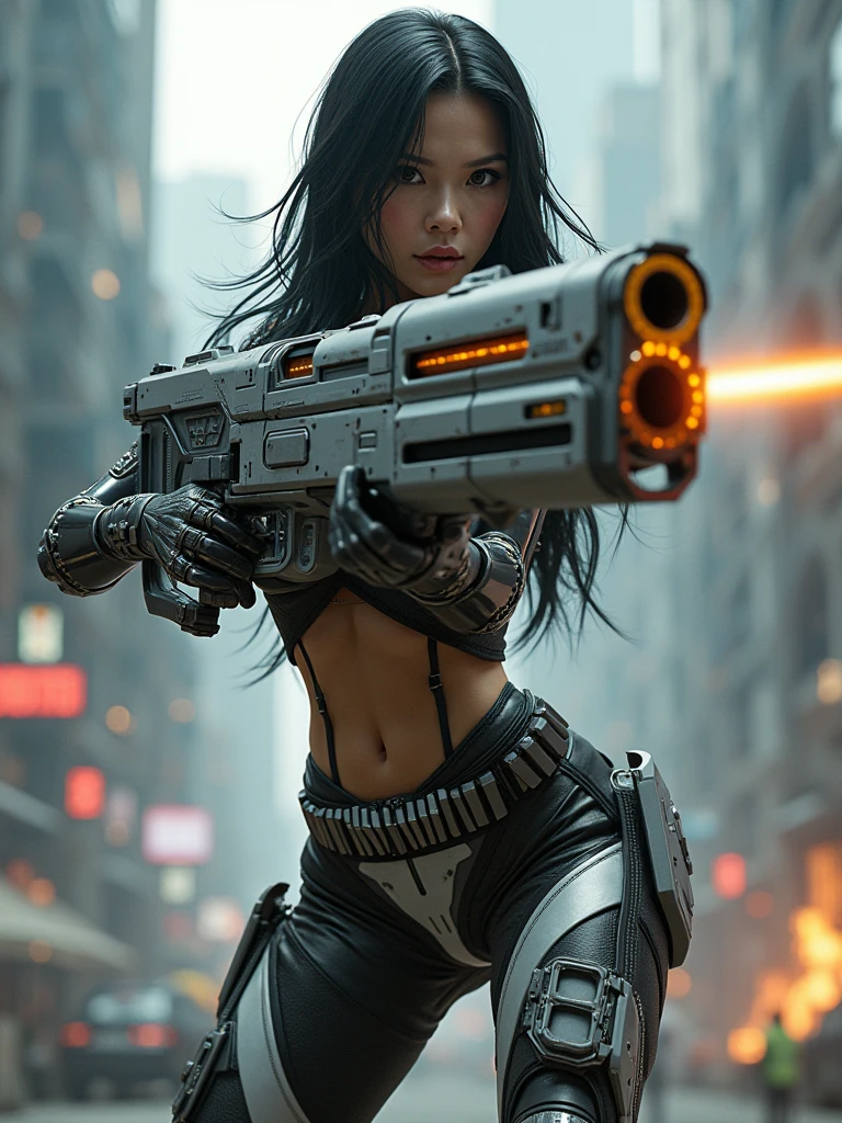 Jayden Jaymes as a cyberpunk future warrior holding a massively oversized gatling gun. wearing a white swinsuit armored cyberpunk, Perfect body, against a geometric diamond shaped complex background, immaculate composition, brian viveros, katsuya terada, tim okamura, dynamic pose, dynamic light and shadow, bold high quality
