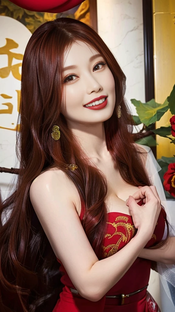 ayanedef, brown hair, brown eyes, long hair, Big Breasts,
looking at viewer, bow, sexy Red cheongsam slit, upper body, light smile, full body:1.5
masterpiece, best quality,