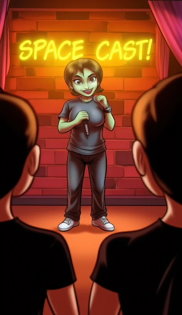 "A full-body view of a cute, funny alien stand-up comedian on a large stage, seen from between two blurry audience members in the foreground. The alien wears a black t-shirt, black pants, white sneakers, and has a small hoop earring in one ear, clearly visible. They hold a microphone and smile with a realistic, expressive 3D face. Behind is a red brick wall with a glowing yellow LED sign that says 'Space Cast Comedy.' The two audience figures are out of focus with no visible faces. Warm spotlight lighting, full stage in view."