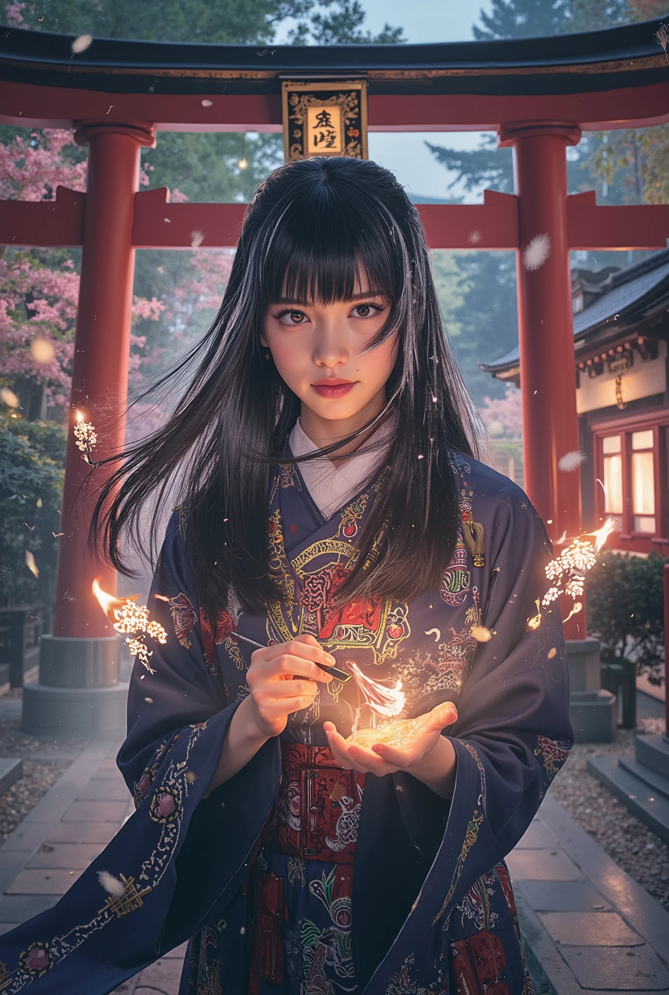 (best quality, 4k, highres, masterpiece:1.2) , ultra-detailed, (realistic, photorealistic:1.37), beautiful Japanese high school girl, dressed in traditional onmyoji outfit fused with modern school uniform, long black hair with silver streaks, glowing talismans floating around, fox spirit companion, mystic aura, ancient Japanese shrine in the background, twilight setting, magical particles, cinematic lighting, intricate details, by Yoshitaka Amano and Greg Rutkowski, fantasy anime style