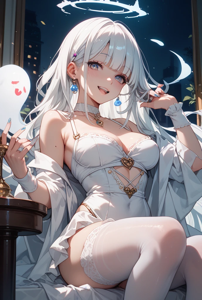 table top High level image quality best image quality 8K adult woman whole body portrait pure white long gloves(elbow gloves) white long dress(slit) white wolf ears short hair((shortcut)(gray hair)(perm)(fluffy)) eye color is red attractive evil face((smile)(open your mouth))nightfall moon sexy pose , crossed legs style in detailed , sitting, labrynth ,barefoot view from side