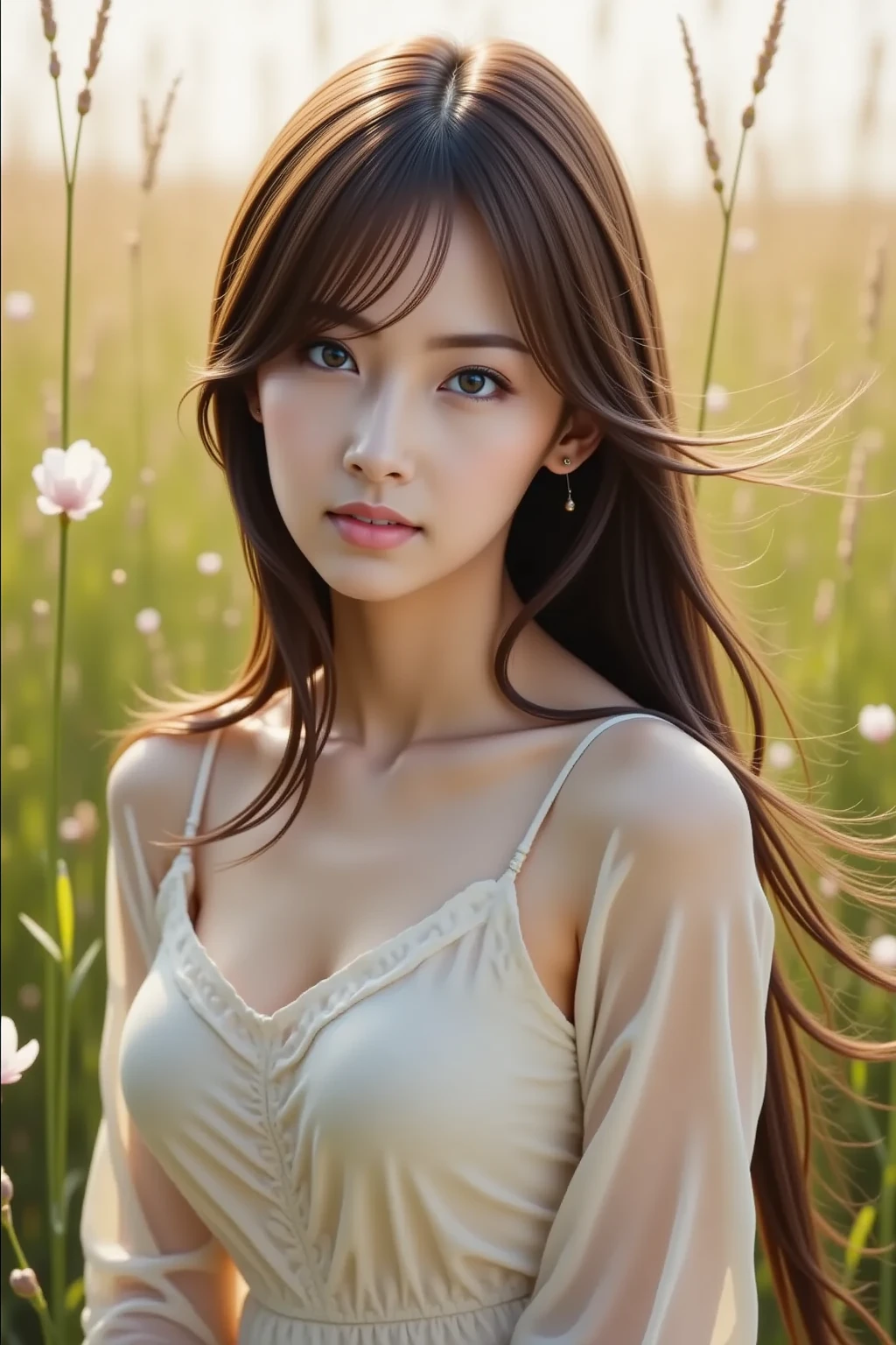 highest quality、genuine、Super detailed、finely、High resolution、8k wallpaper、one beautiful woman、、、light brown disheveled hair、wearing a tank top、sharp focus、perfect dynamic composition、beautiful and detailed eyes、thin hair、Detailed genuine skin texture、smile、model body shape、In a windswept meadow
