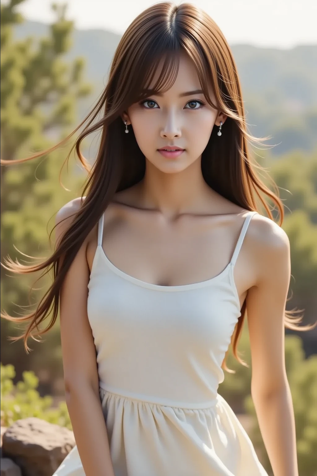 ((highest quality photography, Professional photography:1.5)), (Glamorous shot of a girl:1.2), (Professional Lighting), (Dramatic backlighting), View Viewer, Best Photo Poses, One girl, Skin texture details, (Brown Hair:1.3), (Depth of written boundary:1.5), (Simple Background), (Cowboy Shot:1.5), ponytail, A light smile, compensate, lips, Saggy breasts, Sharp jawline, (White tank top), (Black leggings), ((8k, Ultra-high resolution, born)), (masterpiece, highest quality), ((Very realistic)), (Realistic:1.4), (chromatic aberration), High-quality texture, High Quality Shadows, Very intricate details, ((Very delicate and beautiful)), ((beautifully、aesthetic)), (Korean mixed race, Gorgeous and beautiful 19 year old woman),