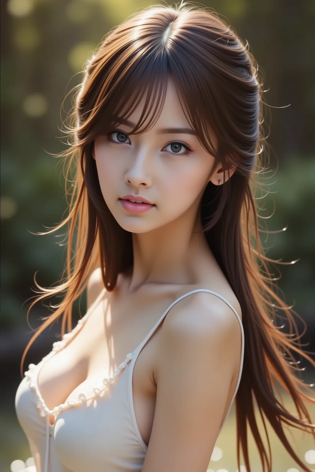 masterpiece, highest quality, High resolution, wallpaper, realistic, (bright lighting:1.4), professional lighting, face light, smooth lighting, (shoot from front:1.8), 1 girl, closeup-face, cute, sleepy, open mouth to say something, shy, Beautiful girl, sexy, super beautiful, beautiful skin, beautiful and detailed eyes、detailed face、slim、moderately, pixie cut, brunette colored hair, brown eyes, Professional Photography, Bokeh, Portrait, The morning sunlight shines through the misty forest path. white Summer Dresses,