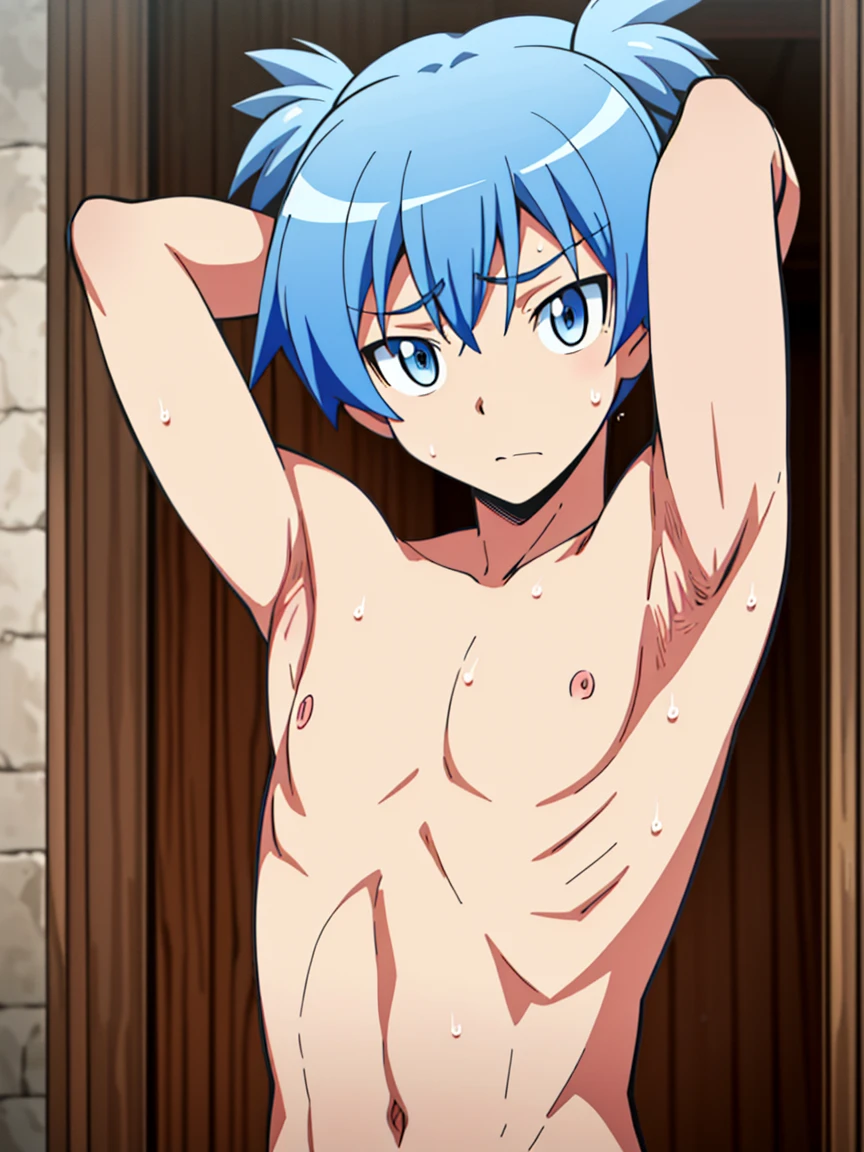 Highres, Masterpiece, Best quality at best,Best Quality,hight quality, hight detailed, 1boy, Boy,Fluffy hair, Side bangs, Shota, Thin young boy without a shirt, Blue hair, he walks lost looking at a city, 14-years-old, Egyptian tribal skirt on, (very young boy), 12-year-old boys, Blurry and simple beckground, bokeh, Uhd