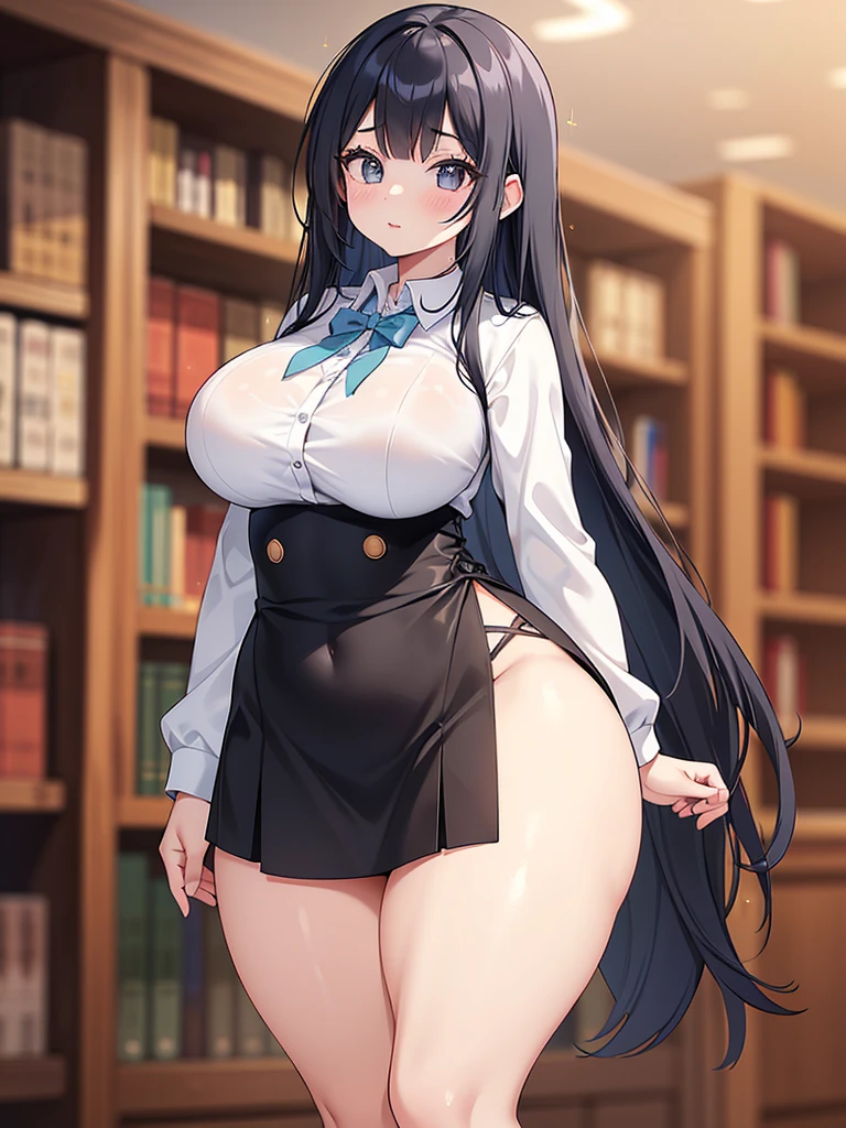 ((Masterpiece)), perfect anatomy, perfect shading, field of depth, (best quality), extremely delicate and beautiful, perfect lighting, detailed face, ultra cute face, cute, ((1girl)), ((solo))
long fluffy black hair, glasses, green eyes, ((blush)), embarrassed,, looking at viewer, sweater, short skirt, rms behind back, large breasts, ((thick thighs)), (wide hips), (chubby),
intricate background, detailed background, library,