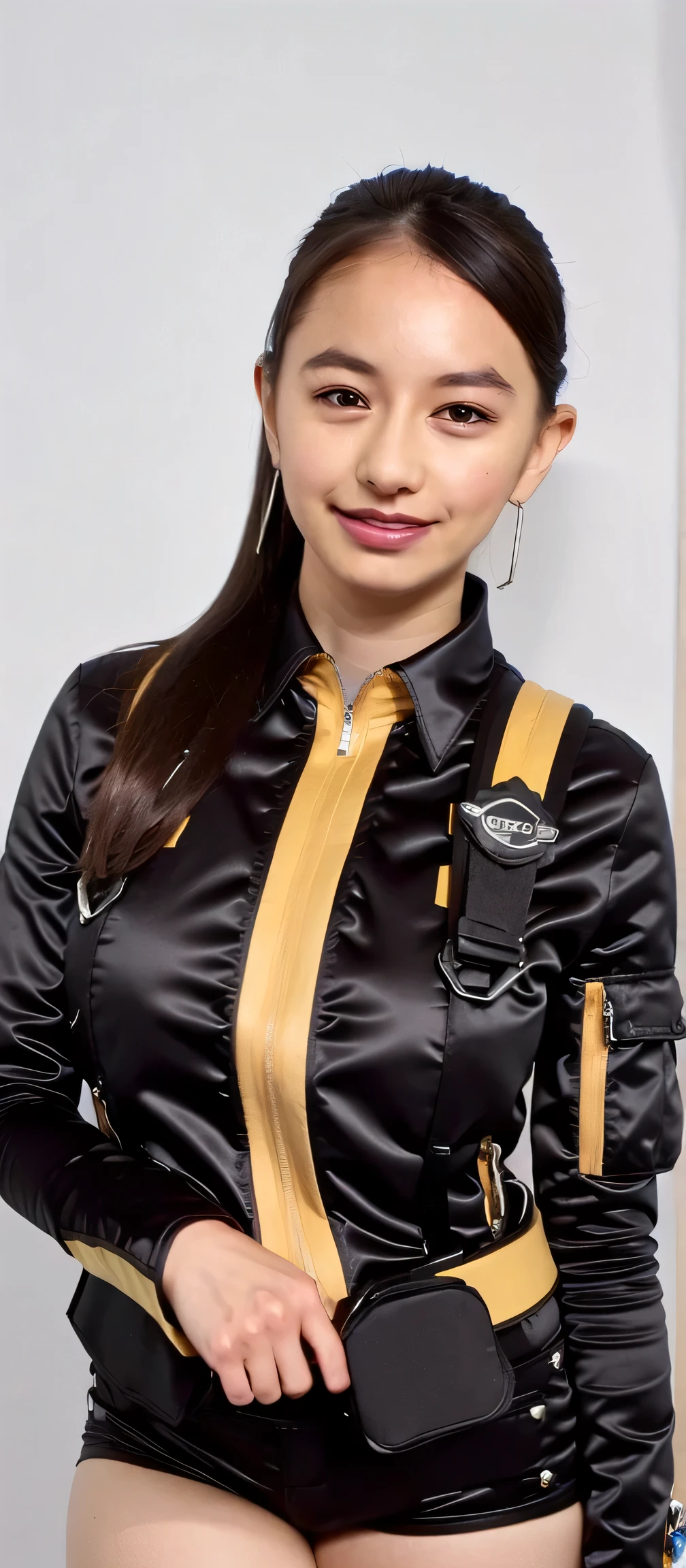 ( very realistic ), ( top quality), ((round, SMALL AND PRECISE FACE )),short shorts,black shorts, boots,jacket,shorts, black hair ,big breasts, adult woman , Her breasts are so big and plump ., , clothes are perfect for that figure ,Beautiful skin ,My nose is small,thin eyebrows,Smile Yan