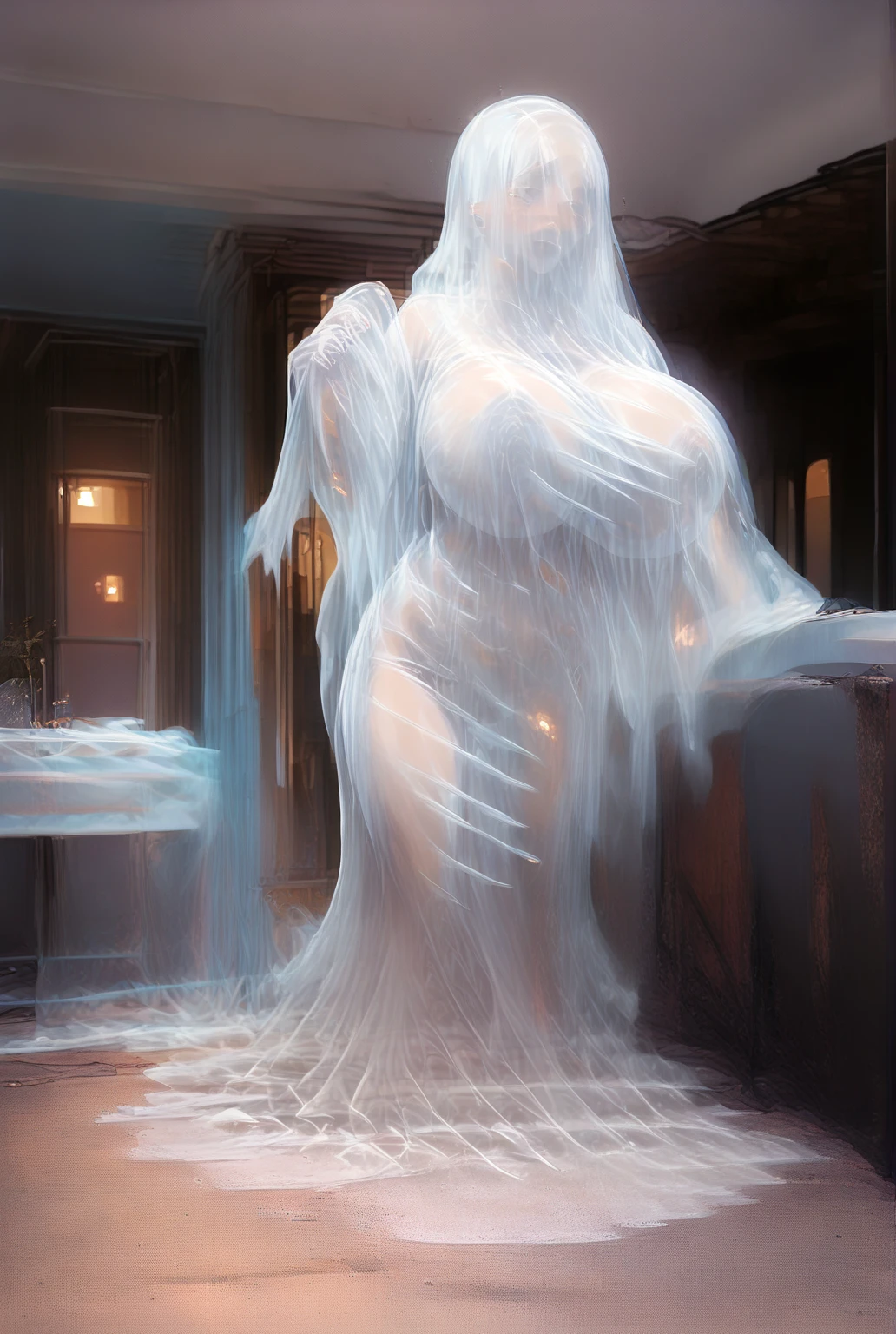 ((transparent feminine ghost with a perfect figure, beautiful breasts and hips, she is a very grown up sexy ghost woman and she is wearing only a white towel, she comes out of the shower with strong steam)), ((in detail down to the smallest detail, ultra realistic 8k graphics, Best quality, masterpiece))