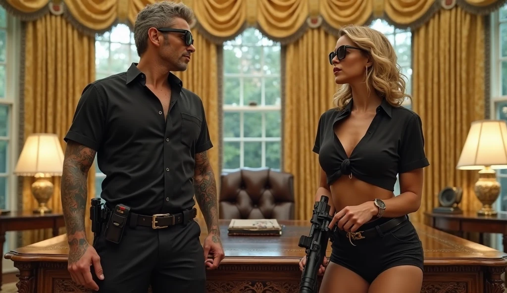 Female bodybuilder huge bíceps traps veiny roided massive blonde square jaw huge veiny roided deltoids huge neck striated pecs as James Bond 007 in movie poster, wearing black tuxedo, next to him is a Bond girl, muscular, huge deltoids massive quads and calves beautiful girl huge ripped striated pecs
