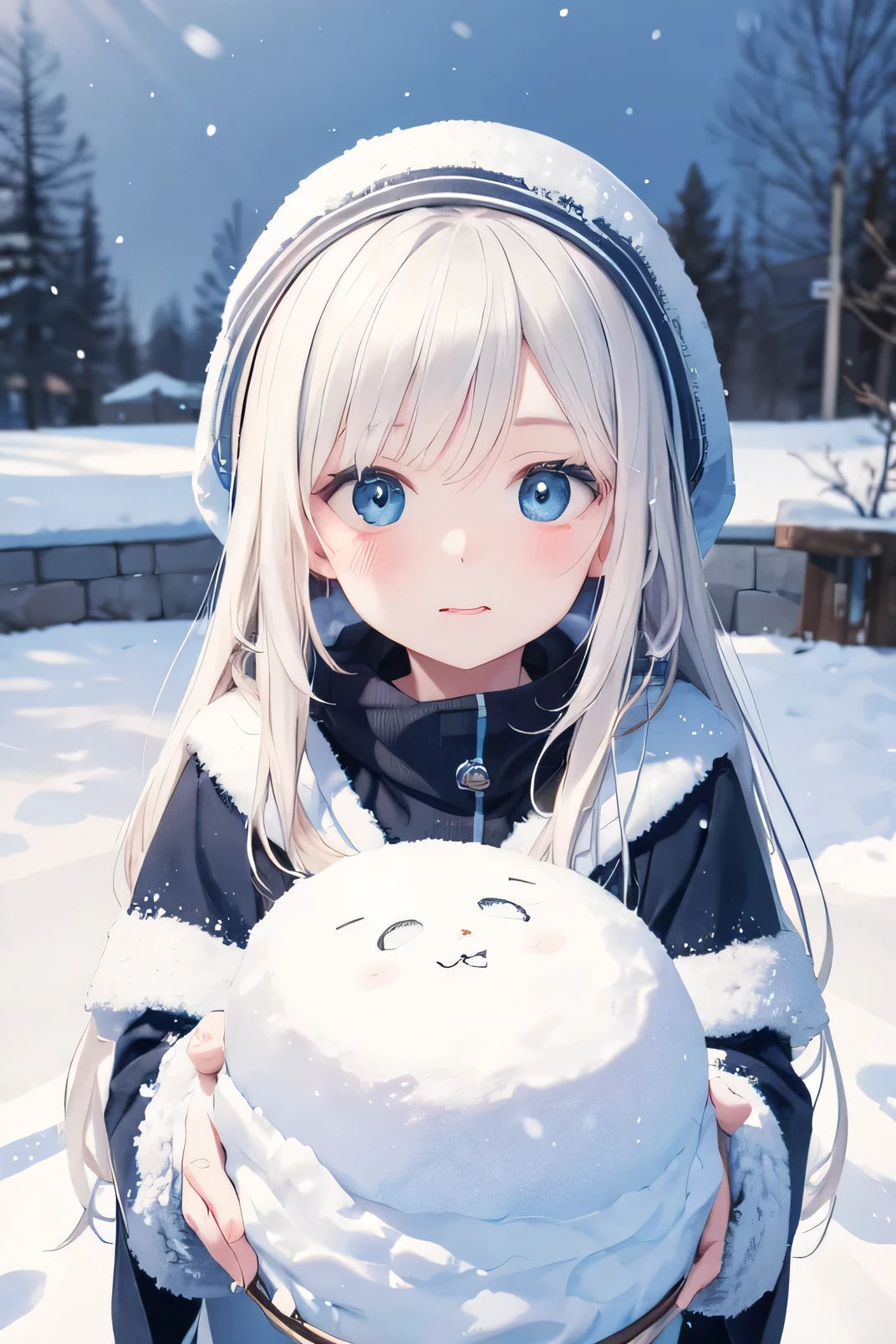 A woman with silver bob hair and blue eyes,Fluffy coat, Wear warm clothes, gazing condescendingly at the viewer with a cute grinning expression, extremely detailed and realistic, masterpiece quality, ultra-detailed, HDR, studio lighting, vivid colors, physically-based rendering,  In the snow、Looking to the side, playing in the snow, Throw a snowball at me