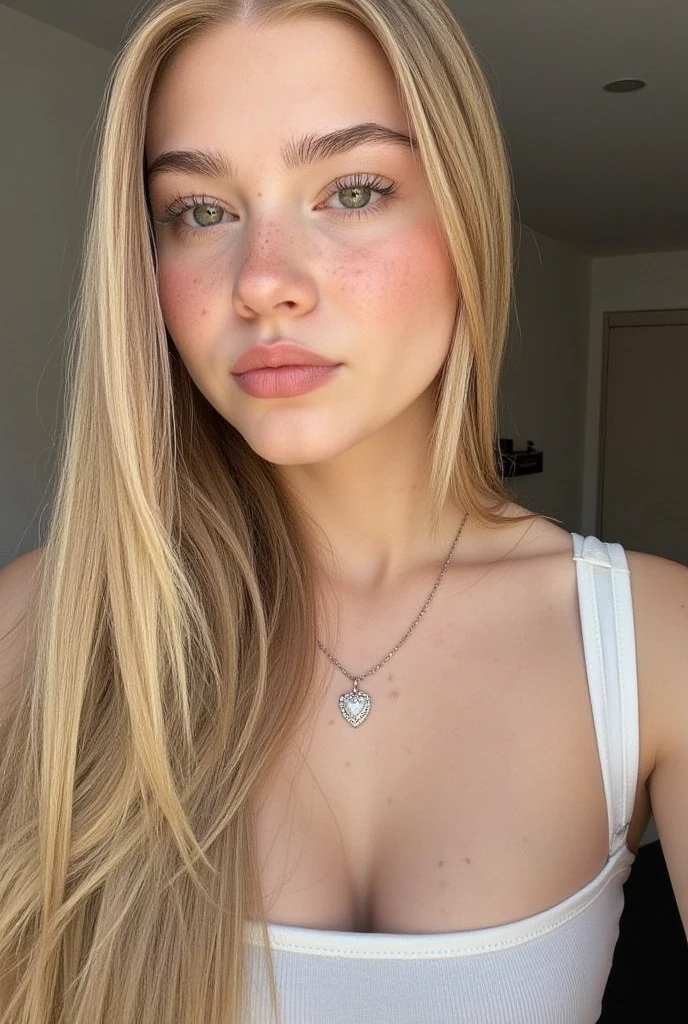 (8k, half body photo, best quality), ultra high resolution, (realistic, photo-realistic), 1Girl 22 years old, long hair, looking at viewer ((blonde hair)) messy hair, brown eyes, flirting with camera, nicely accentuates the lips, freckles on the cheeks, medium-sized boobs, morning coffe on White tank top