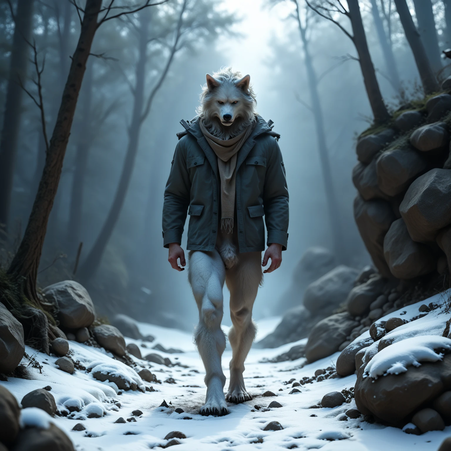 A naked werewolf muscular with short hair was changing. His body fur bodysuit. His hands were full of long nails. He stand in twilight background. His face was that of a handsome Caucasian man with short hair. He wear fur boots, black fur gloves