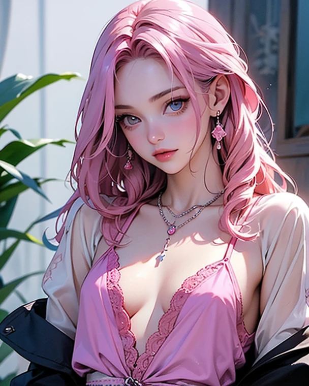 (masterpiece, best quality, 1girl, solo, intricate details, chromatic aberration), realistic,((medium breath)),long hair, blond hair, red head ornament, pink highlights, hair over one eye,purple eyes, earrings, sharp eyes, choker,black naked hoodie, (symmetry eyes),(perfect symmetrical body),against wall, brick wall, graffiti, dim lighting, alley ,look at viewer, <lora:NakedHoodieV1:1>