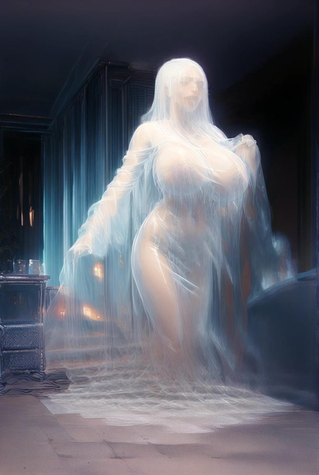 highly detailed image, soft light, light haze, masterpiece, shot like from a chronicle, a misty, gloomy morning, (ghostly, ethereal very young girl with floor-length translucent, flowing attire, resembling a cloak). Her face is gaunt, pale, ghostly, with a touch of sorrow. gloomy atmosphere. The scene exudes an eerie ambiance, with a hint of (nsfw, sensual) undertones, as if unveiling secrets from the past. (subtle nudity:0.7), nipples trough clothes, bllena, big green eyes, purple hair, twintails, yellow hairpin, face