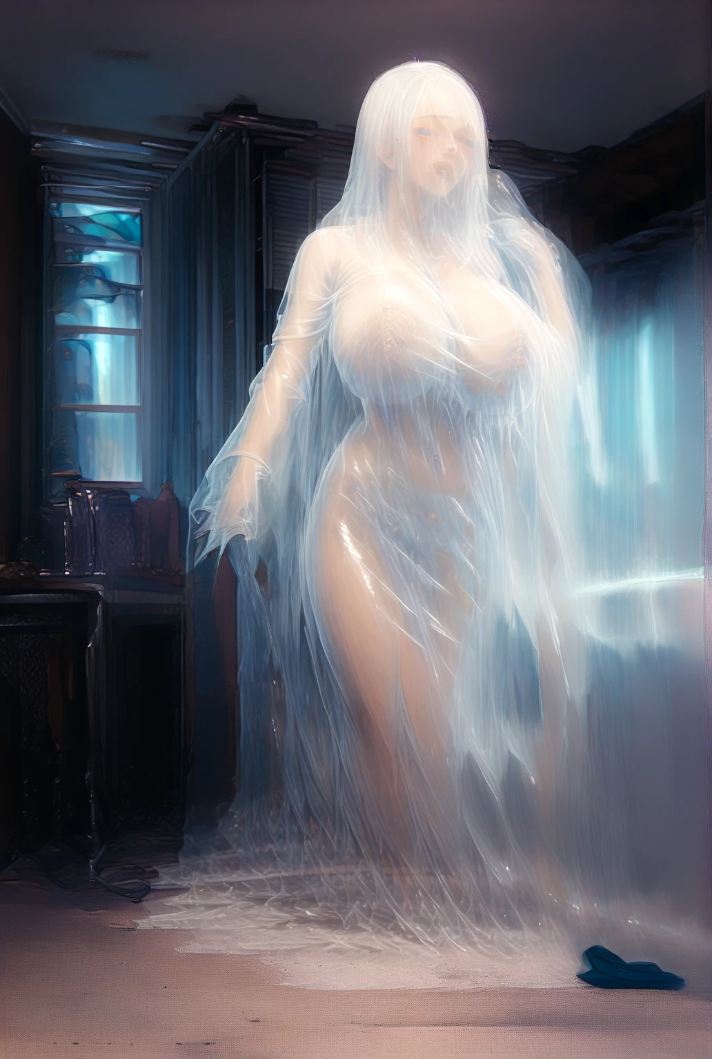 1girl full body barefoot ((MILF)) ((dark skin)) white hair, slingshot bikini, unrealistically large extremely large breasts (huge) (large badonkers) ((((neck decor)))) ((((translucent bikini)))) ((nsfw)) ((((translucent)))) ((((see-through)))) (((see-through clothing))), (((((love hotel))))) make her a sexy, dynamic, ultra high def, 32k, (perfect anatomy:1.5) perfect legs, in the style of Artgerm and Adam Hughes, perfect arms