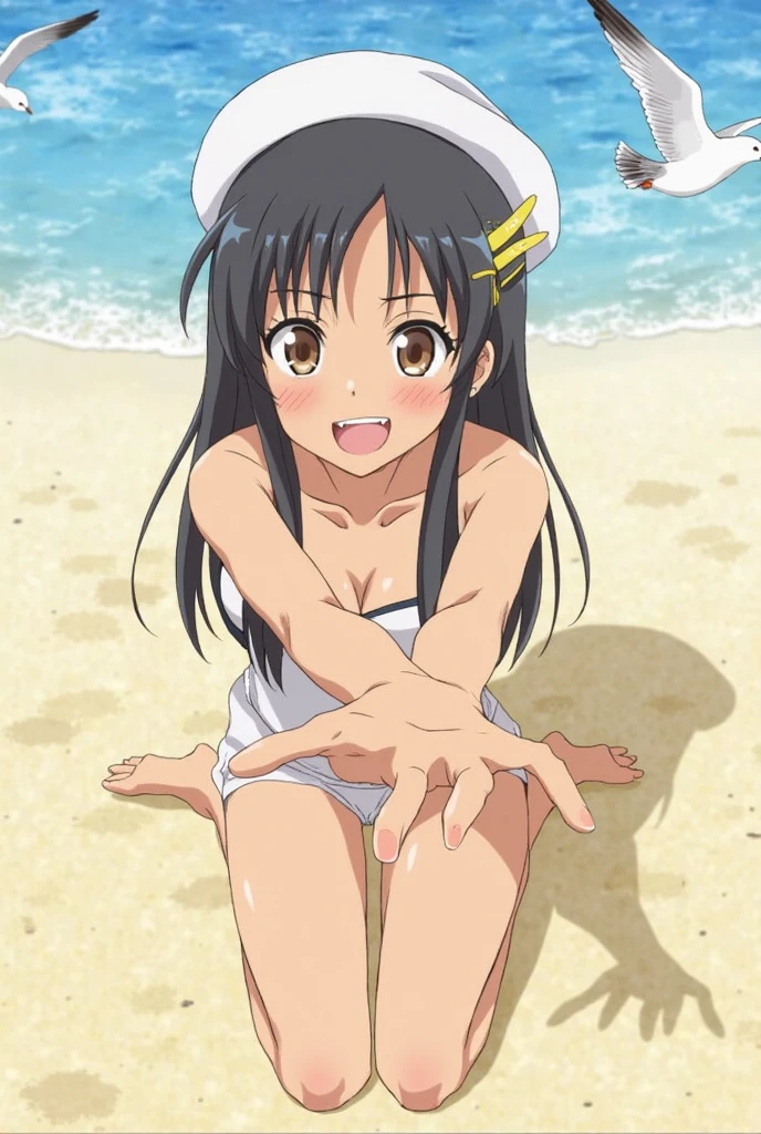 Hayase Nagatoro, tanlines, seductive pose, nude, naked, no cloths, beach, wet, black hair, 1girl, solo, masterpiece, professional artwork, famous artwork, perfect face,perfect eyes, Nagatoro Hayase, hair ornament, brown eyes,(glowing eyes:1.1), hair clip ,dark skin, black hair, black hair, beautiful face, evil smile, evil eyes, ((perfect female body, narrow waist)),mature content, nsfw, lewd, nipples visible
