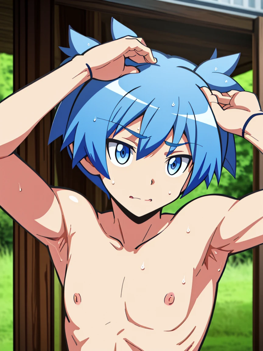 Highres, Masterpiece, Best quality at best,Best Quality,hight quality, hight detailed, Anime style, 1boy, Shota, young boy, Solo person, smile, Blue hair, Straight hair, school, Shirtless, Bare shoulder, Seen from the front, look at viewer, slim body, choker, Navel piercing, Baby face, Such a cute smooth armpit, The armpits of a 12 year old boy, Adorable little armpits, Give me a proportional picture of a 12 year old boy's armpits, (very young boy), (very small and short body), 12-year-old boys, uhd, blurry beckground