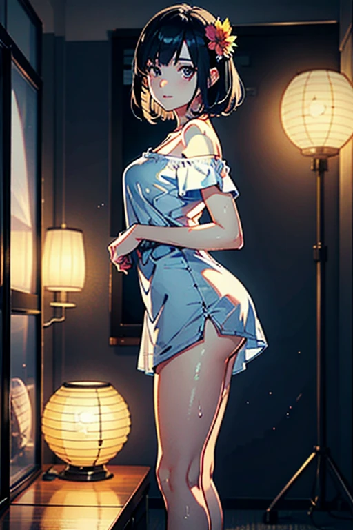 masterpiece, highest quality, (Highly detailed CG Unity 8k wallpaper), (highest quality), (Best illustrations), (Best Shadow), Confused, Realistic lighting, (abyss), Beautiful and delicate shine,Random Pause,((Silk camisole dress)),Cute freckles on the cheeks,Mole under left eye, Sunburn mark, Japanese Model, Young sensual gravure idol, yasumoto oka, A real young gravure idol, A woman who is shy when the camera is pointed at her,