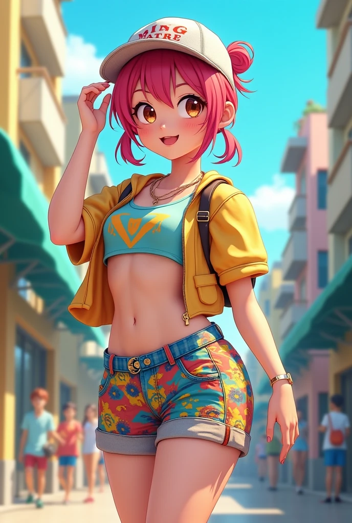 Anime illustration of a young supermodel with a toned physique, In a spicy punk crop top, Low Rise Pants, Messy Short Hair, Demonstration of various intricate tattoos, confidently standing in the middle of an abandoned street in Chiba. . Anime style, Key Visual, Vibrants, Studio anime, Highly detailed
