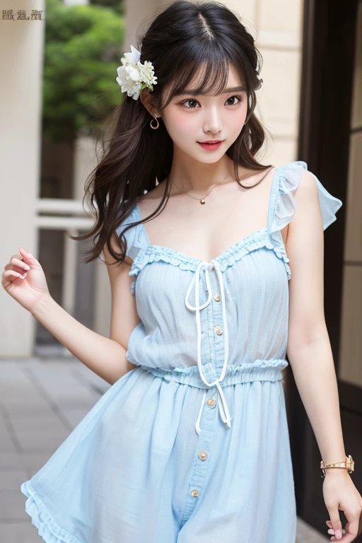 ((Attention to detail)),(Super detailed), Highly detailed CG Unity 8k wallpaper, Highest quality, 8K, 11 years old、girl、Two people、Fluffy long hair,、Mid-chest、Beautiful Skin、Beautiful legs、Thin legs、((smile))、sea,Summer outfit、