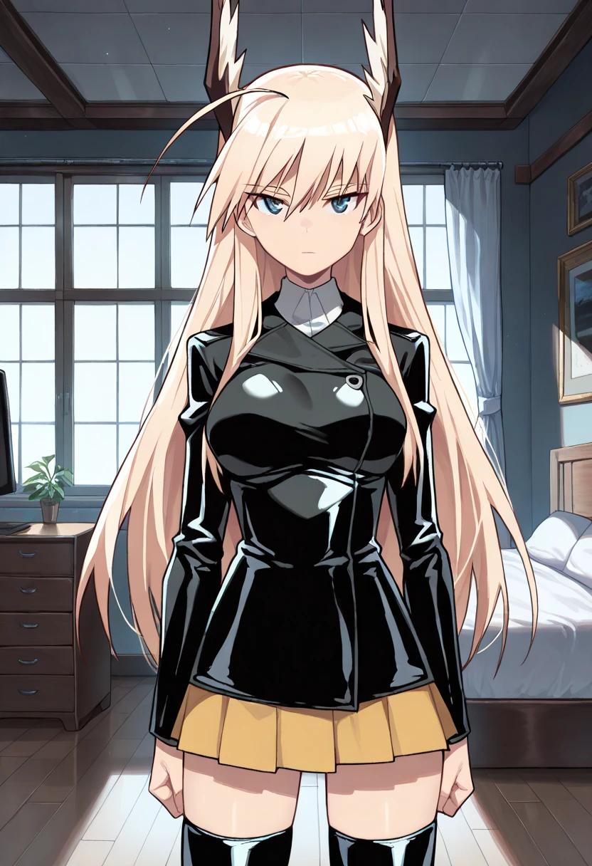 ((Highest quality)), ((masterpiece)), (detailed), （Perfect Face）、The woman is the Sith Lord Tearju, with green eyes and blonde medium-long hair, a female version of Darth Vader, wearing the same bodysuit and protector as Darth Vader, a full-face helmet as Darth Vader, and a black cloak.、The woman is standing next to Darth Vader and smiling sweetly at him.