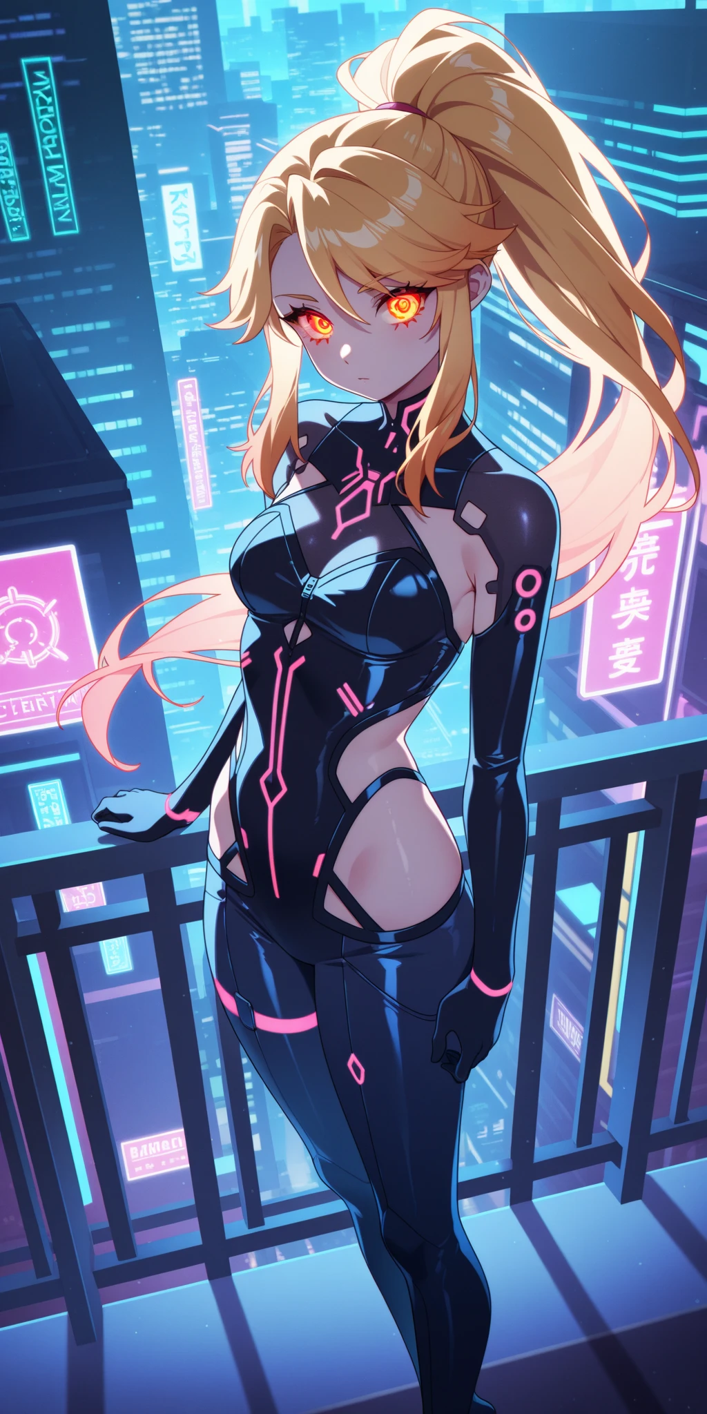 Woman covered in intricate white cybernetics, blue led light, combat uniform, cleavage, high tech, ultra high resolution, 32k, (bikini cyborg robot parts), (be familiar with:1.4), cyberpunk city background, Rainy streets, beautiful face, golden long hair,perfect body,(Lie:1.3)