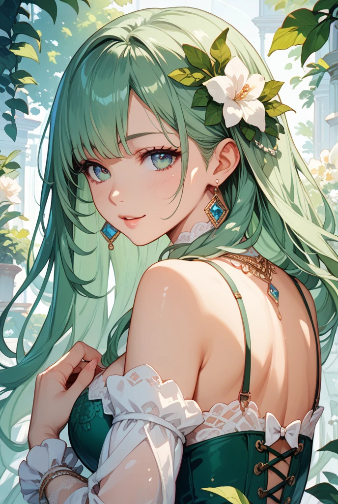 Empress, lily of the valley, ethereal forest girl, perfect anatomy, hanging jewels, pretty girl, amazing body, best proportions, european victorian red style dress, greek style, ancient goddess, (((((((white background))))))), ((((closeup face)))), looking at viewer, green eyes, blue long hair