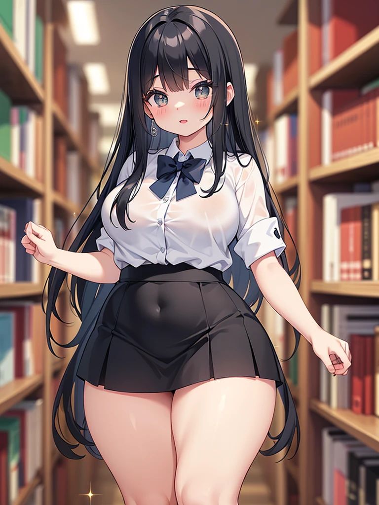 Italian girl, 25 years old, very long loose brown hair, super super giant breasts, wearing a white shirt wearing a black pleated miniskirt, a black lace bra, hair covering her breasts, bare feet, school classroom, wet breasts , standing in front of the blackboard